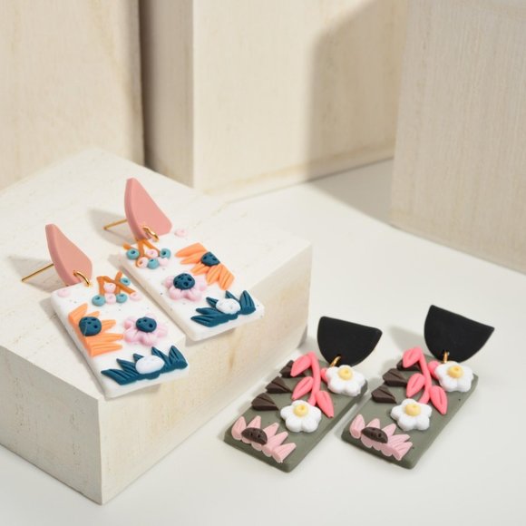 Floral Accent Polymer Clay Drop Earrings - Picture 2 of 2